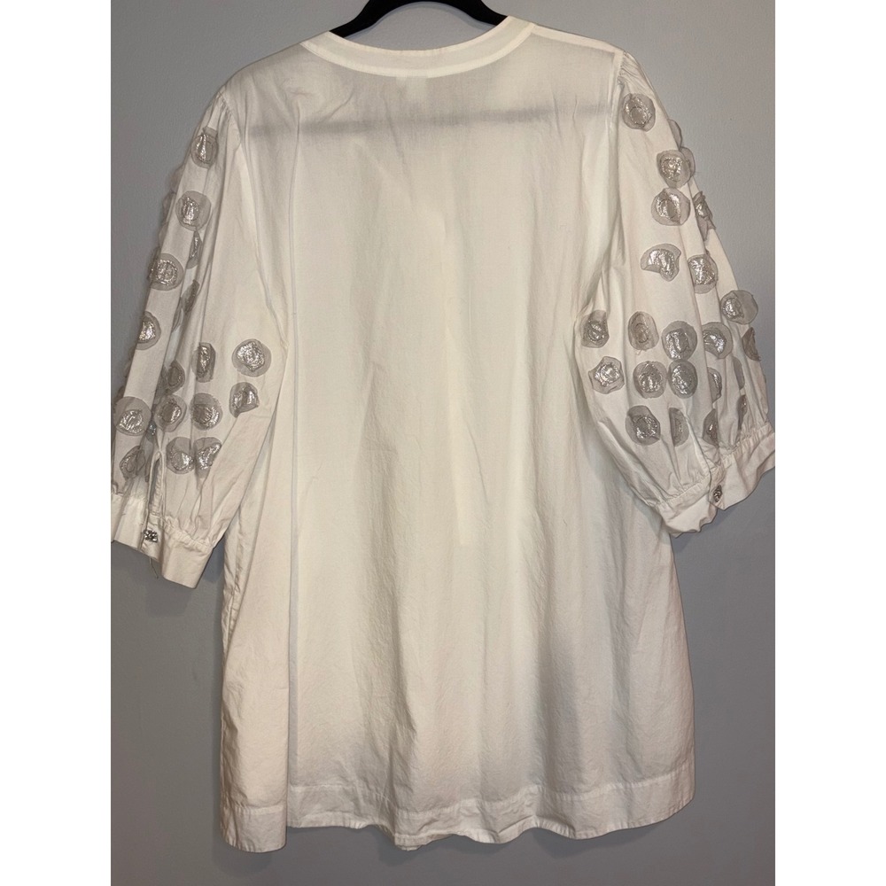 BIYA White Cotton Dress pockets XL Silver 3D Applique Rhinestone Button Pocket - Picture 7 of 10